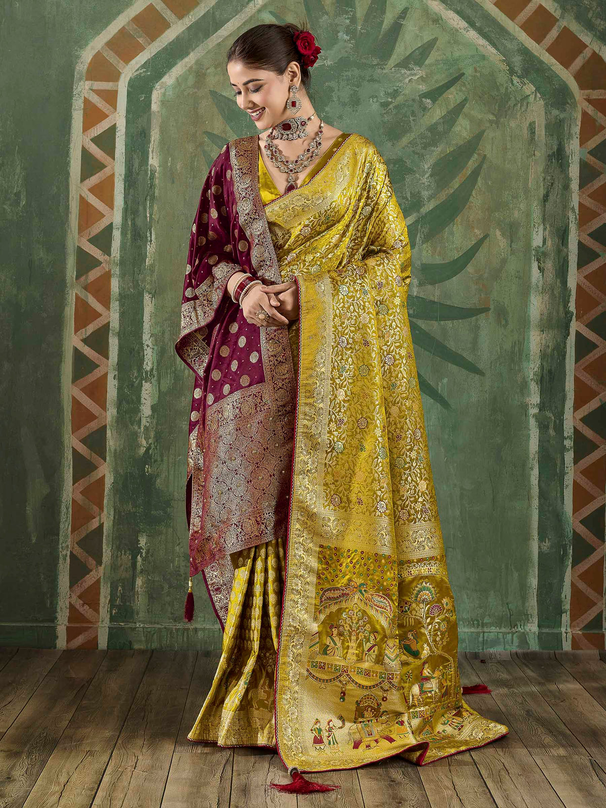 Mustard Satin Woven Handloom Saree