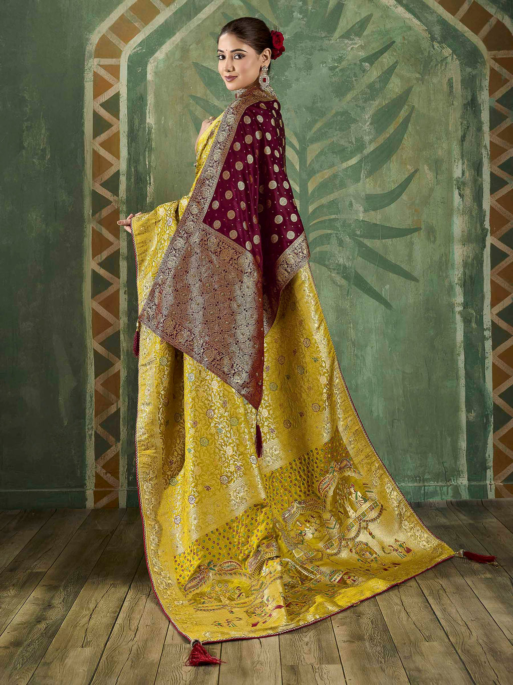 Mustard Satin Woven Handloom Saree