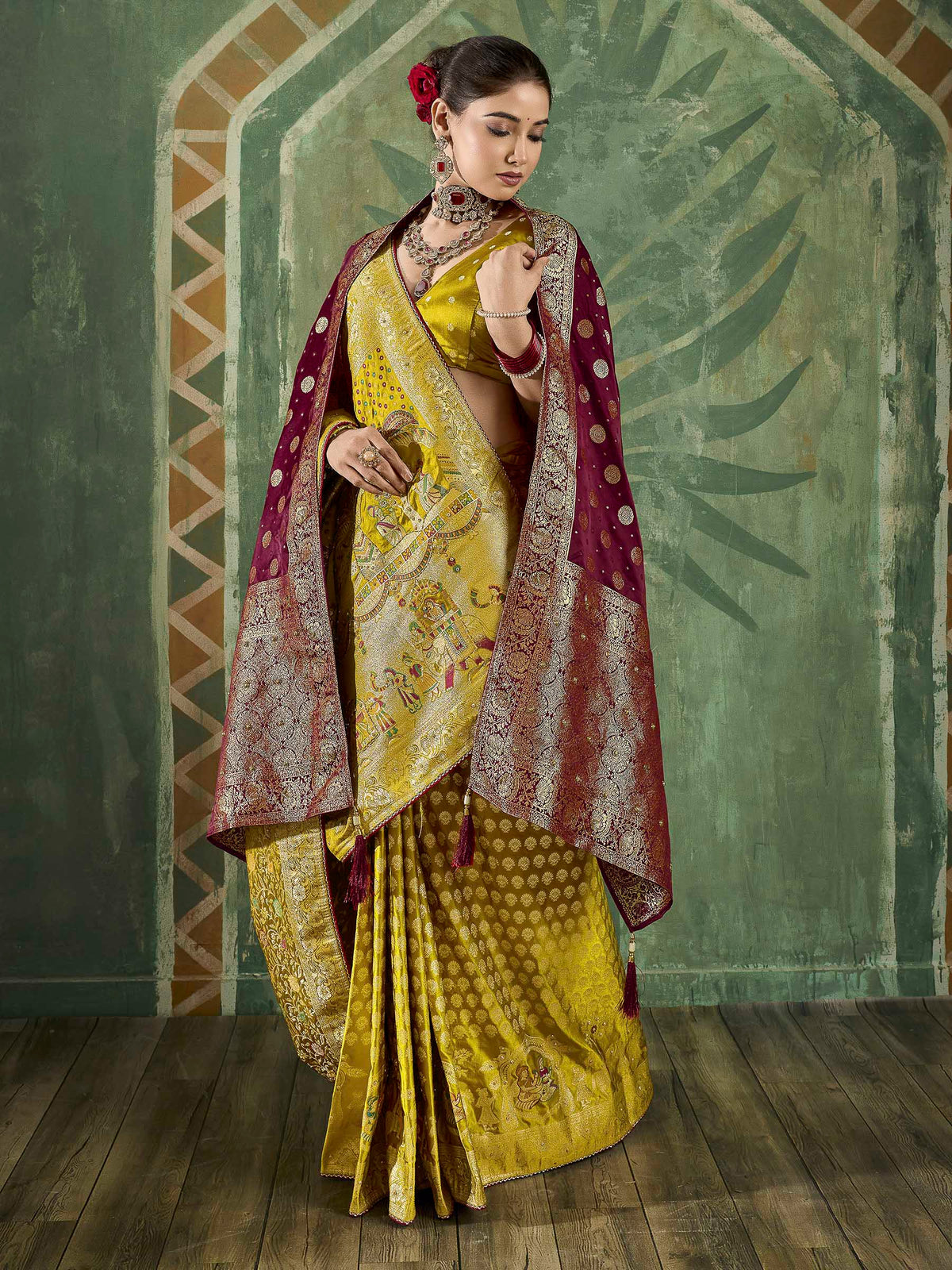Mustard Satin Woven Handloom Saree