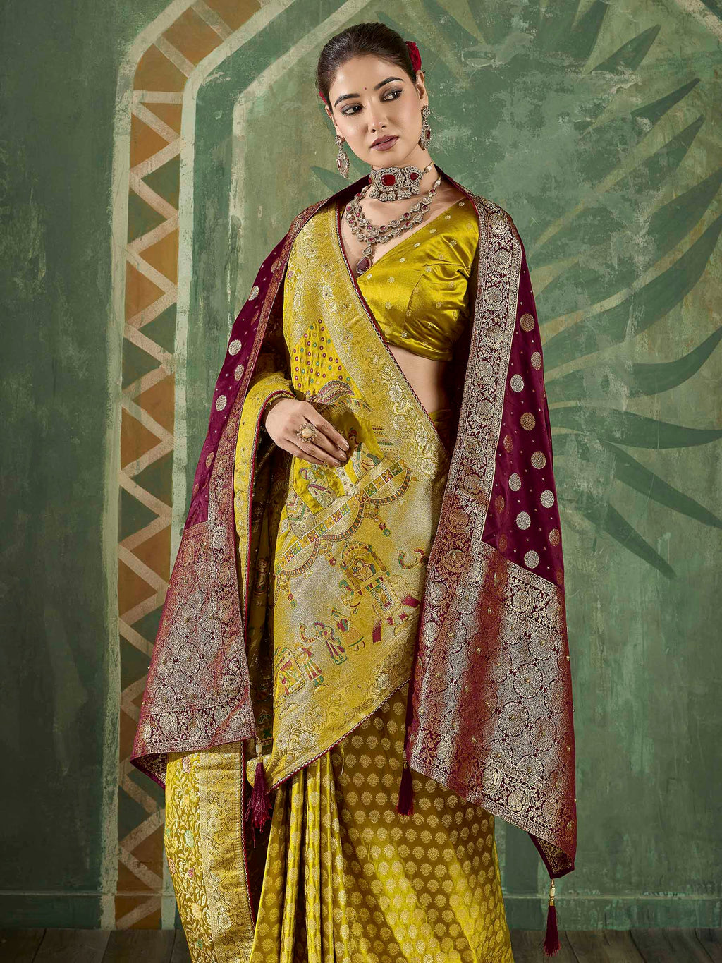 Mustard Satin Woven Handloom Saree
