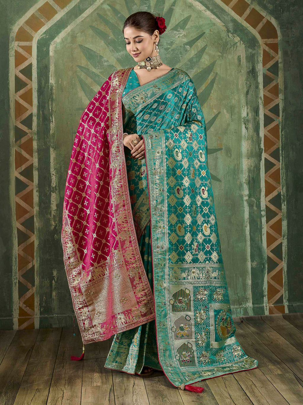 Rama-Green Satin Woven Handloom Saree
