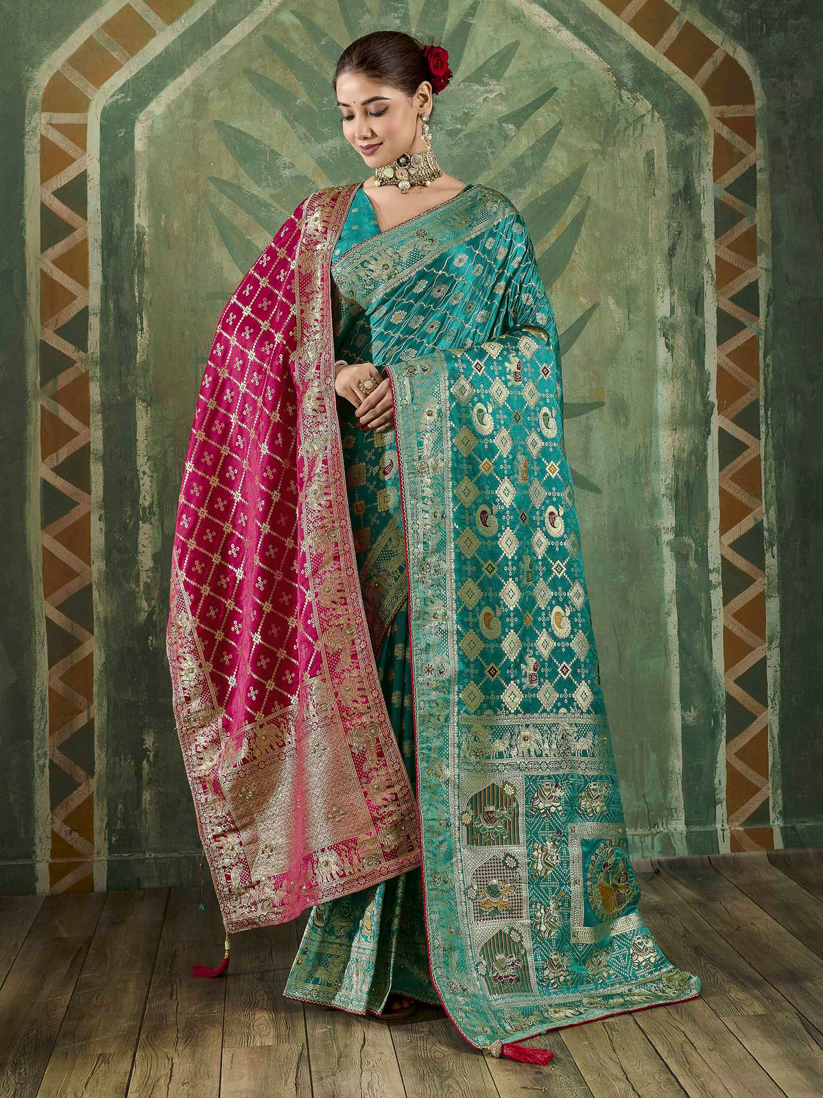 Rama-Green Satin Woven Handloom Saree