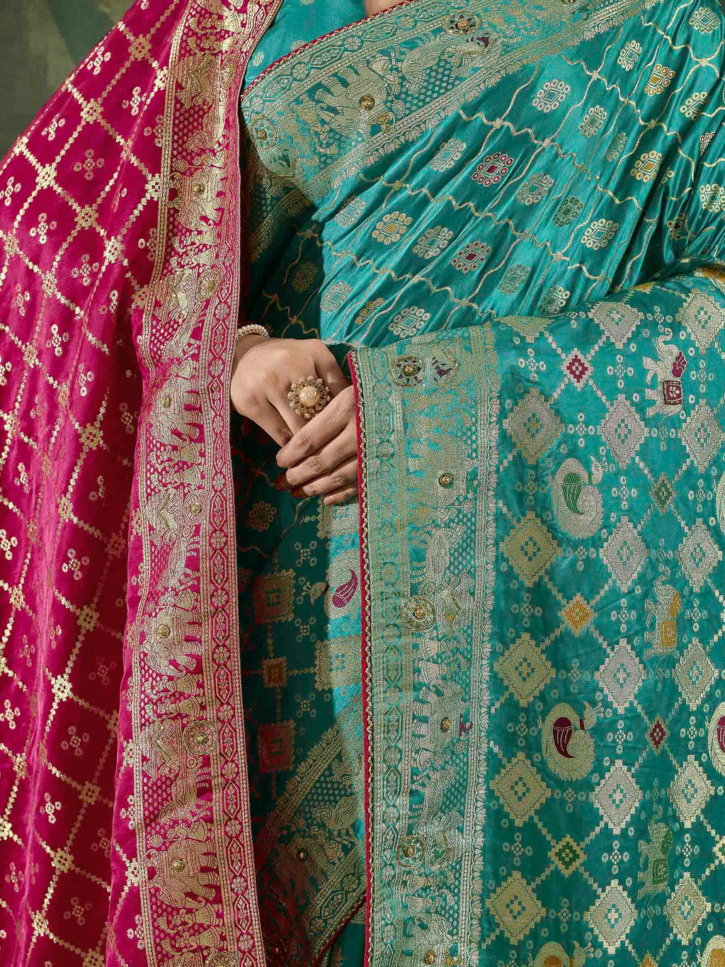 Rama-Green Satin Woven Handloom Saree