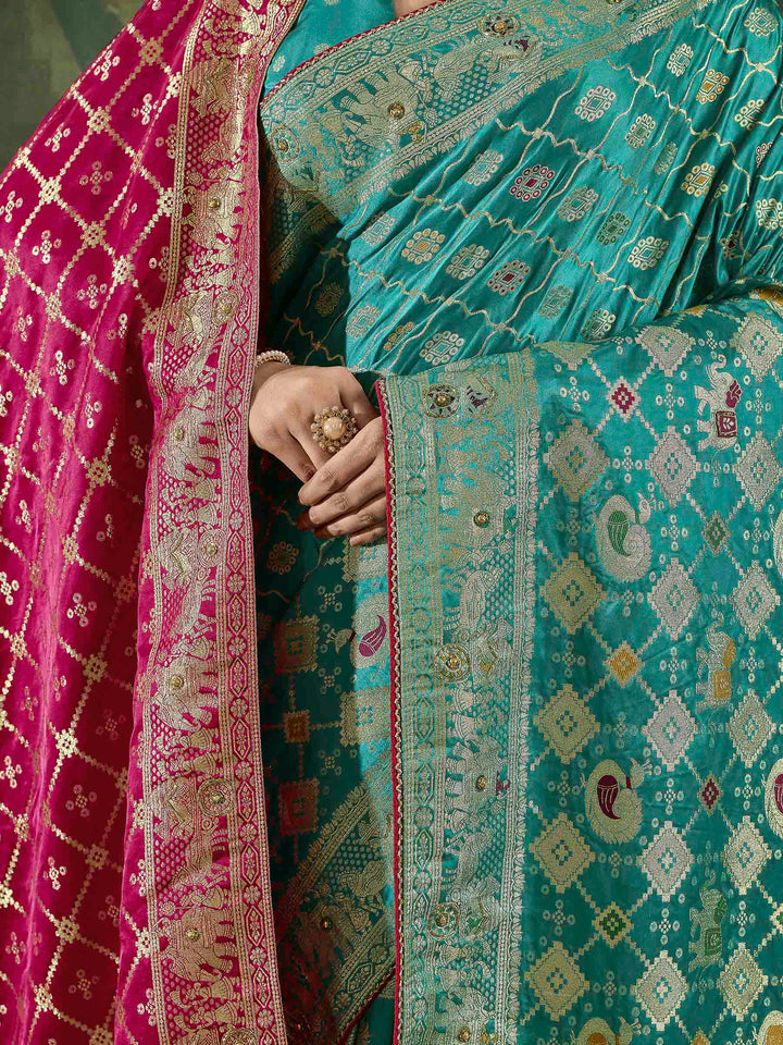 Rama-Green Satin Woven Handloom Saree