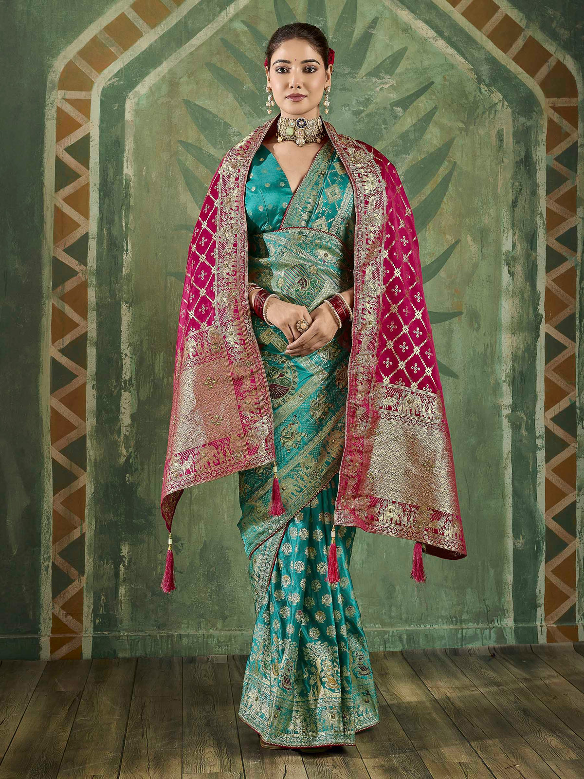 Rama-Green Satin Woven Handloom Saree