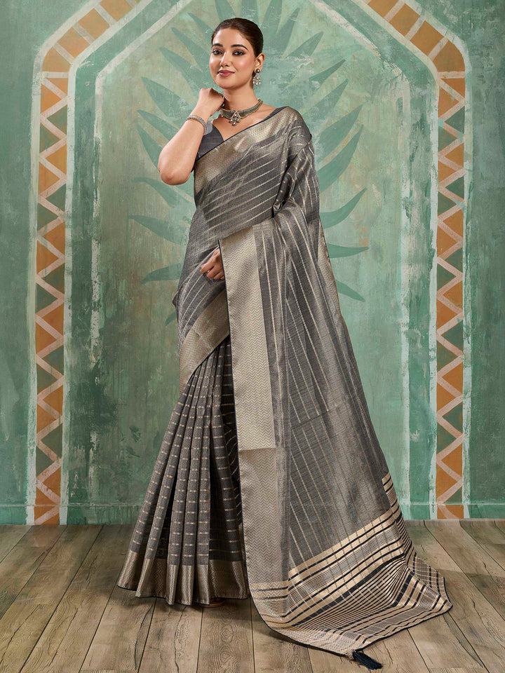 Charcoal Grey Woven Design Cotton Silk Jacquard Saree