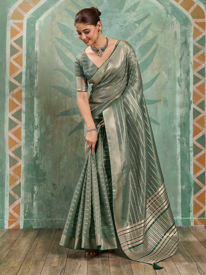 Grey Green Woven Design Cotton Silk Jacquard Saree