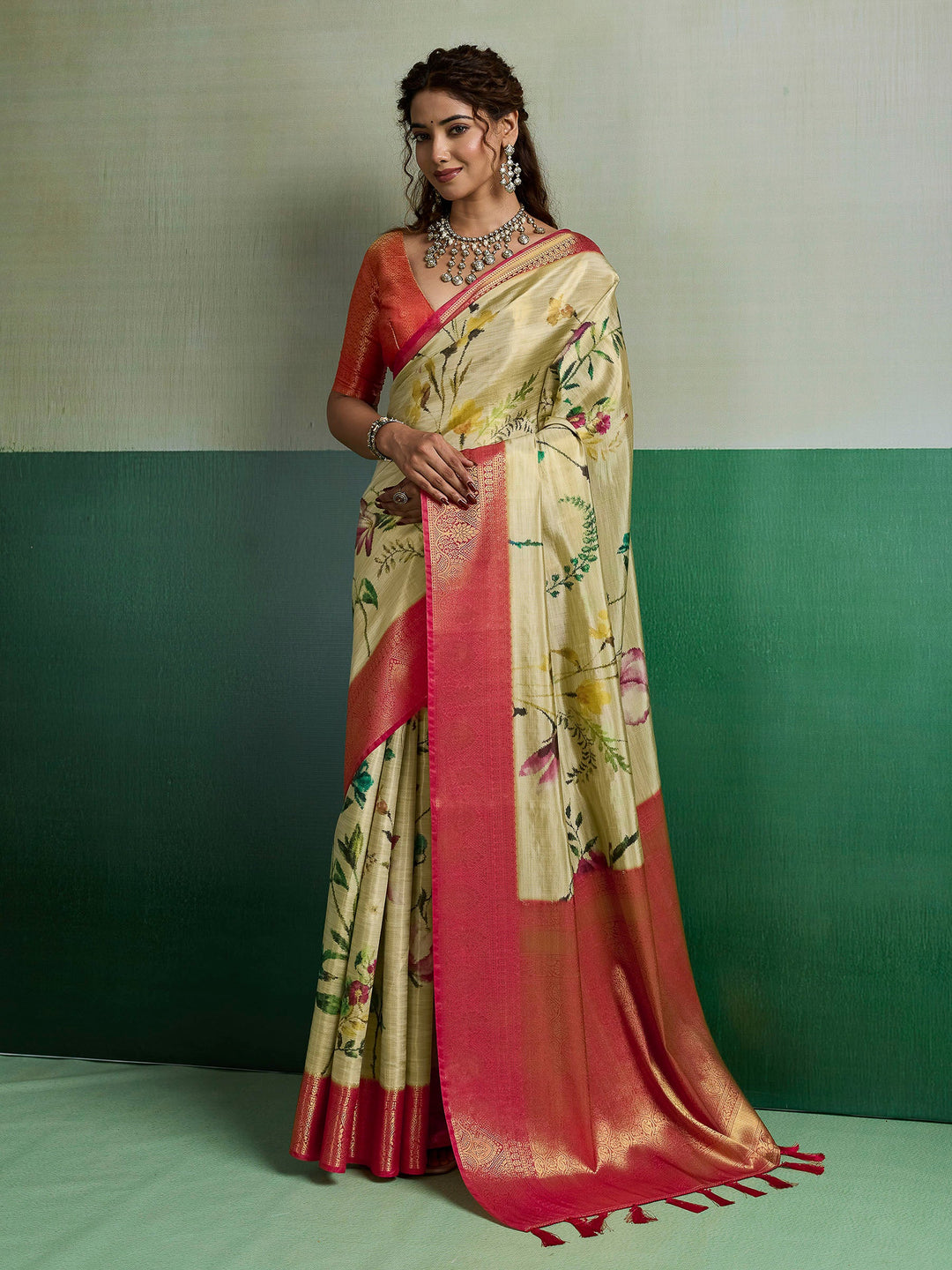 Beige Woven Design Tissue Silk Saree