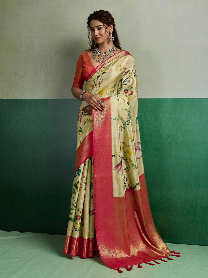 Beige Woven Design Tissue Silk Saree