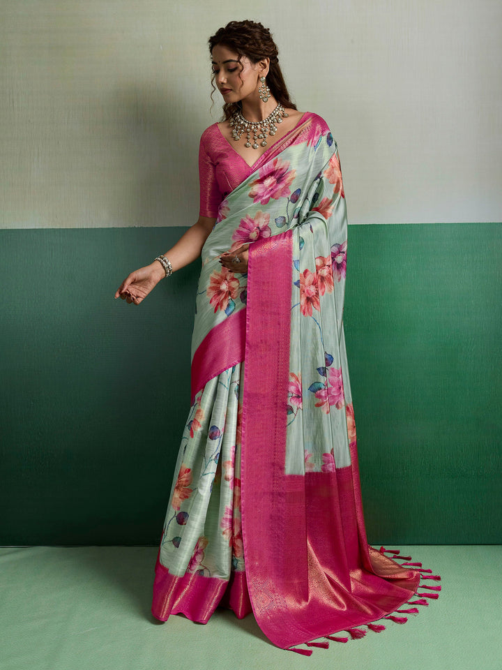 Olive Green Woven Design Tissue Silk Saree