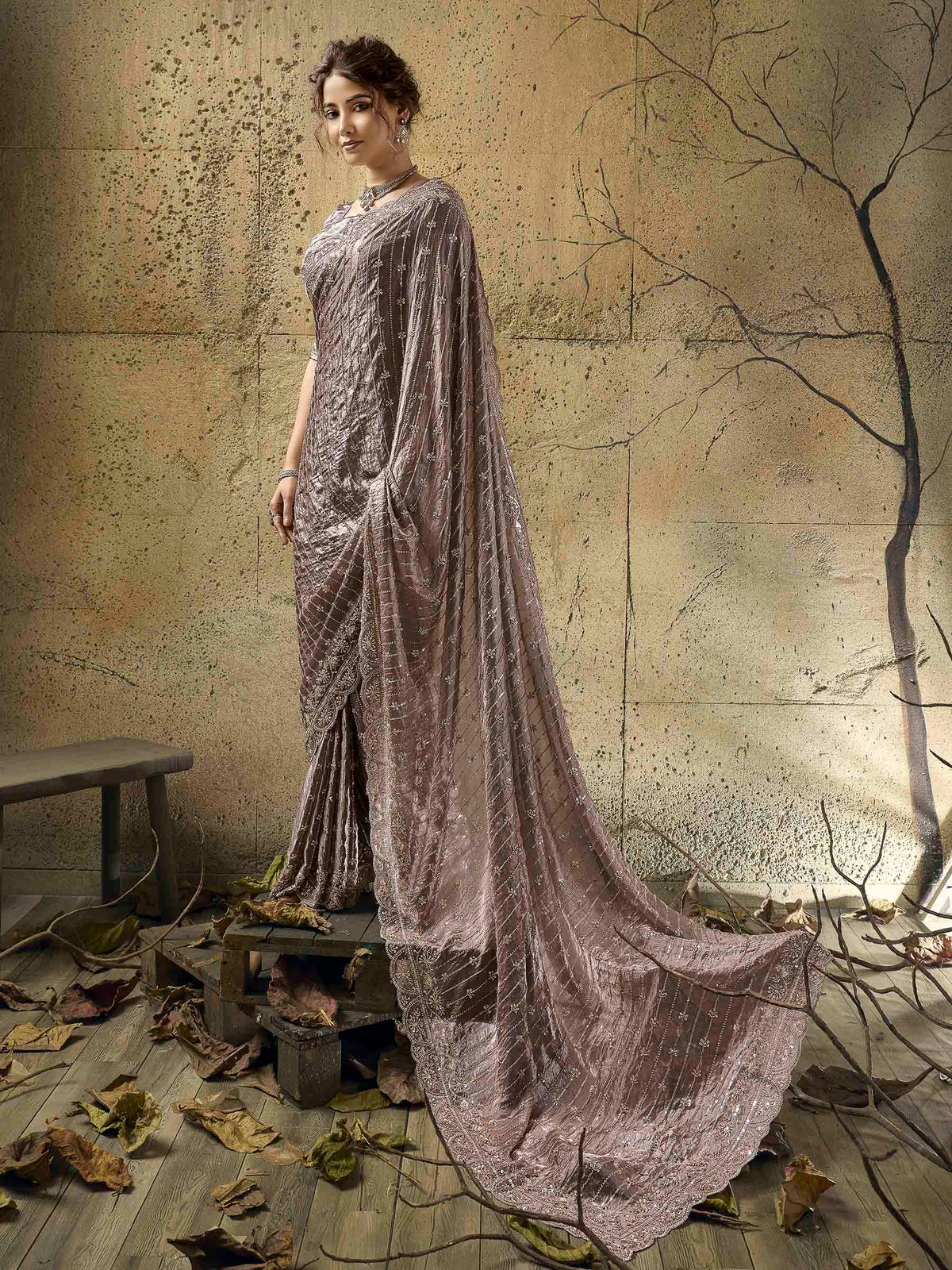 Mauve Satin Embroidered Saree