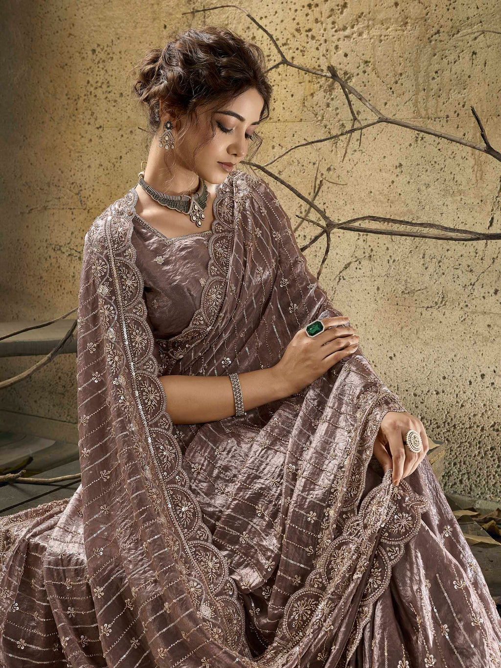 Mauve Satin Embroidered Saree