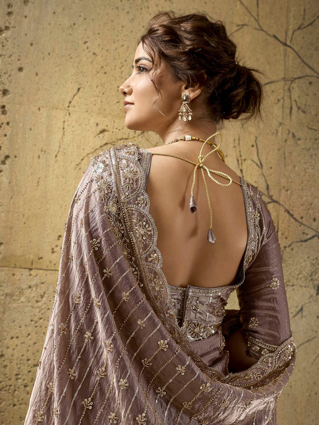 Mauve Satin Embroidered Saree