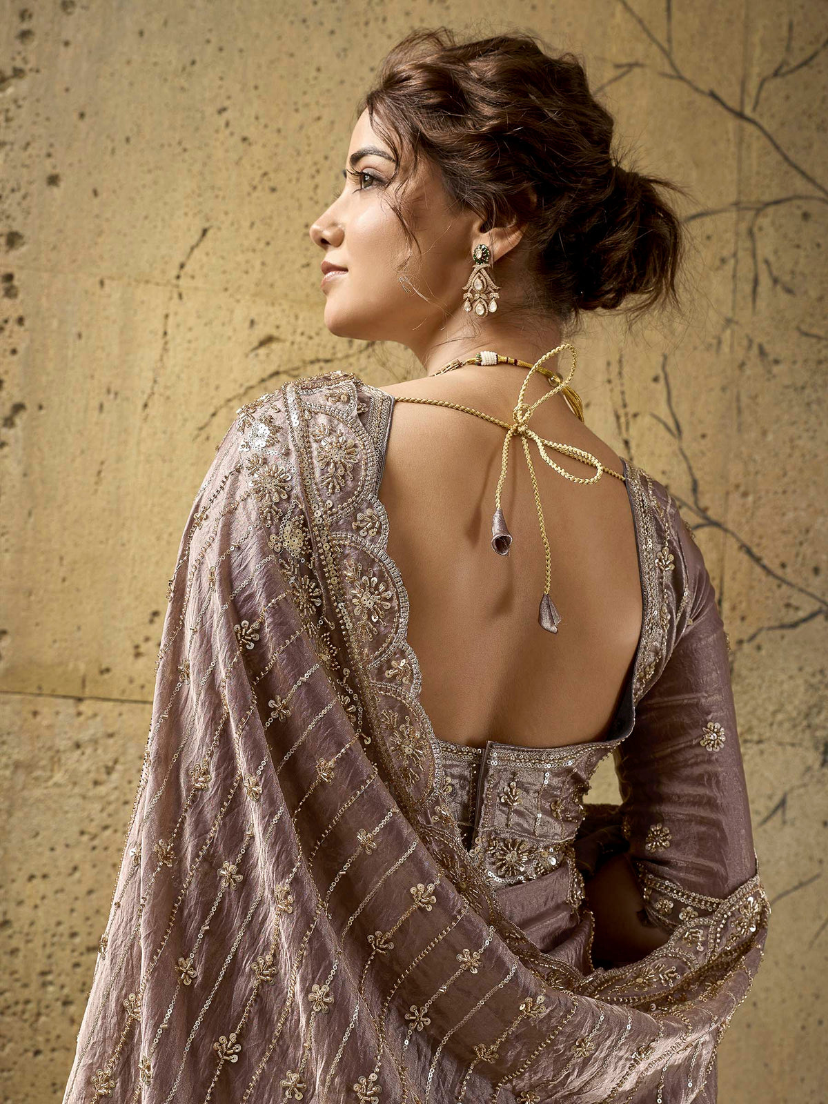 Mauve Satin Embroidered Saree