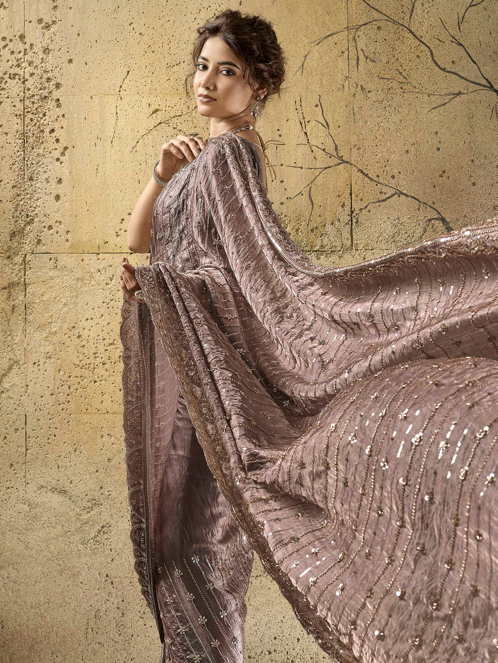 Mauve Satin Embroidered Saree