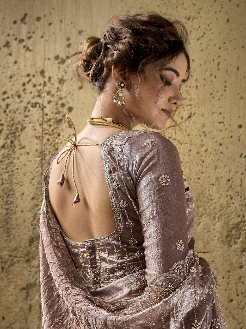 Mauve Satin Embroidered Saree