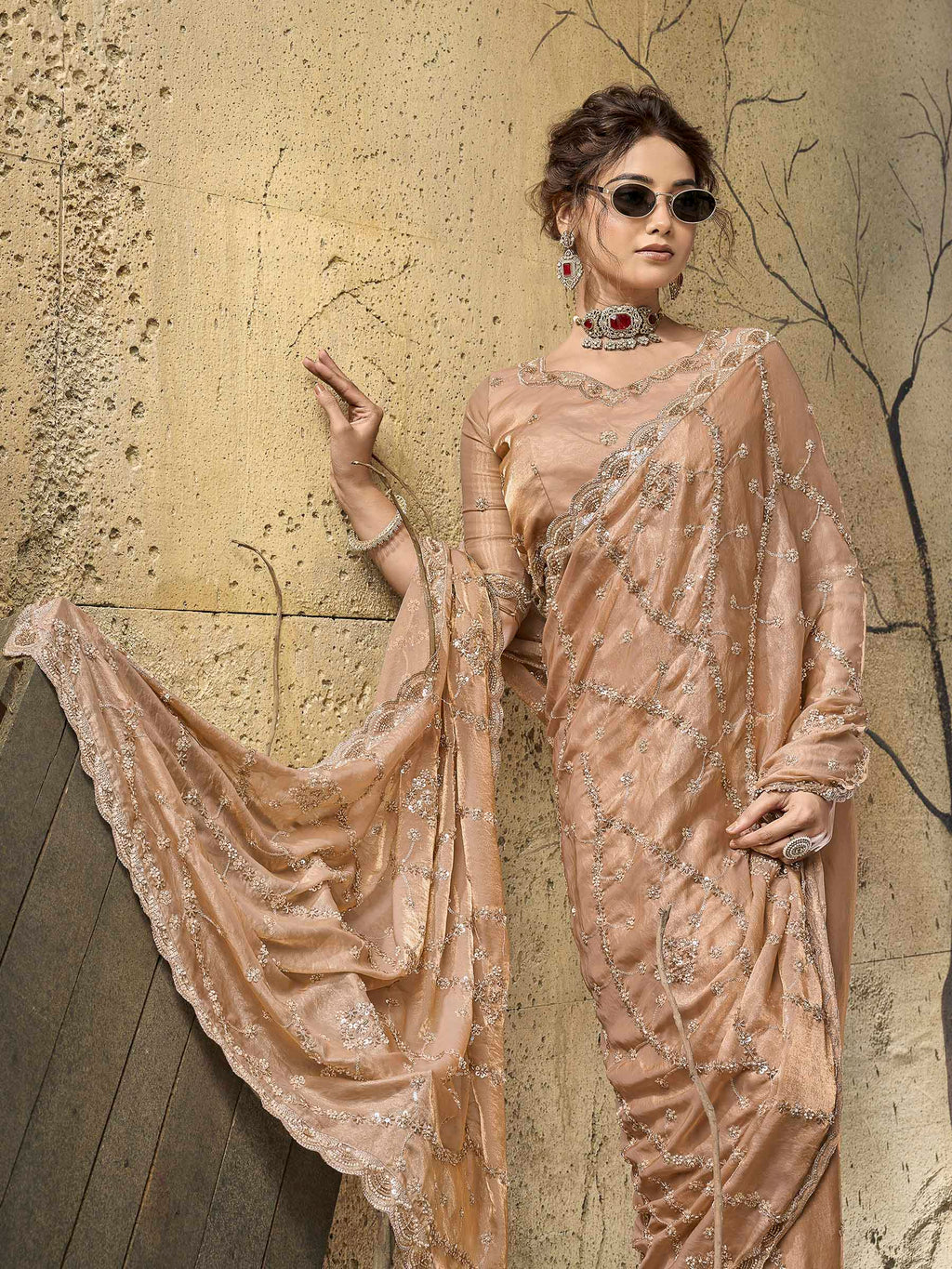 Peach Satin Embroidered Saree