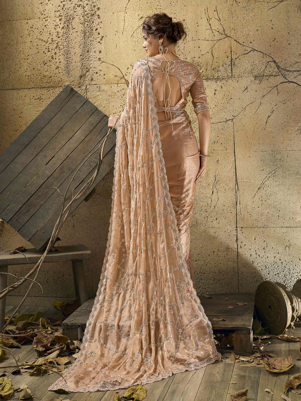 Peach Satin Embroidered Saree