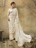 Off-White Satin Embroidered Saree