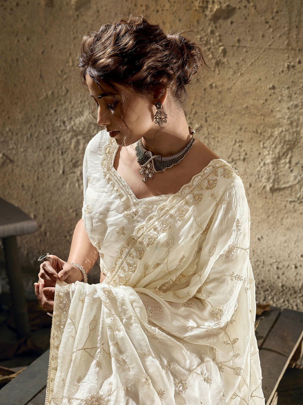 Off-White Satin Embroidered Saree