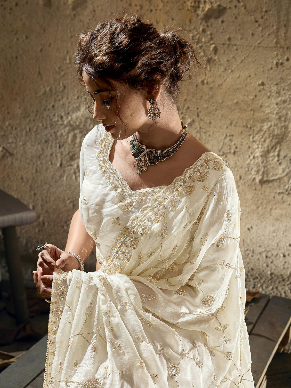 Off-White Satin Embroidered Saree
