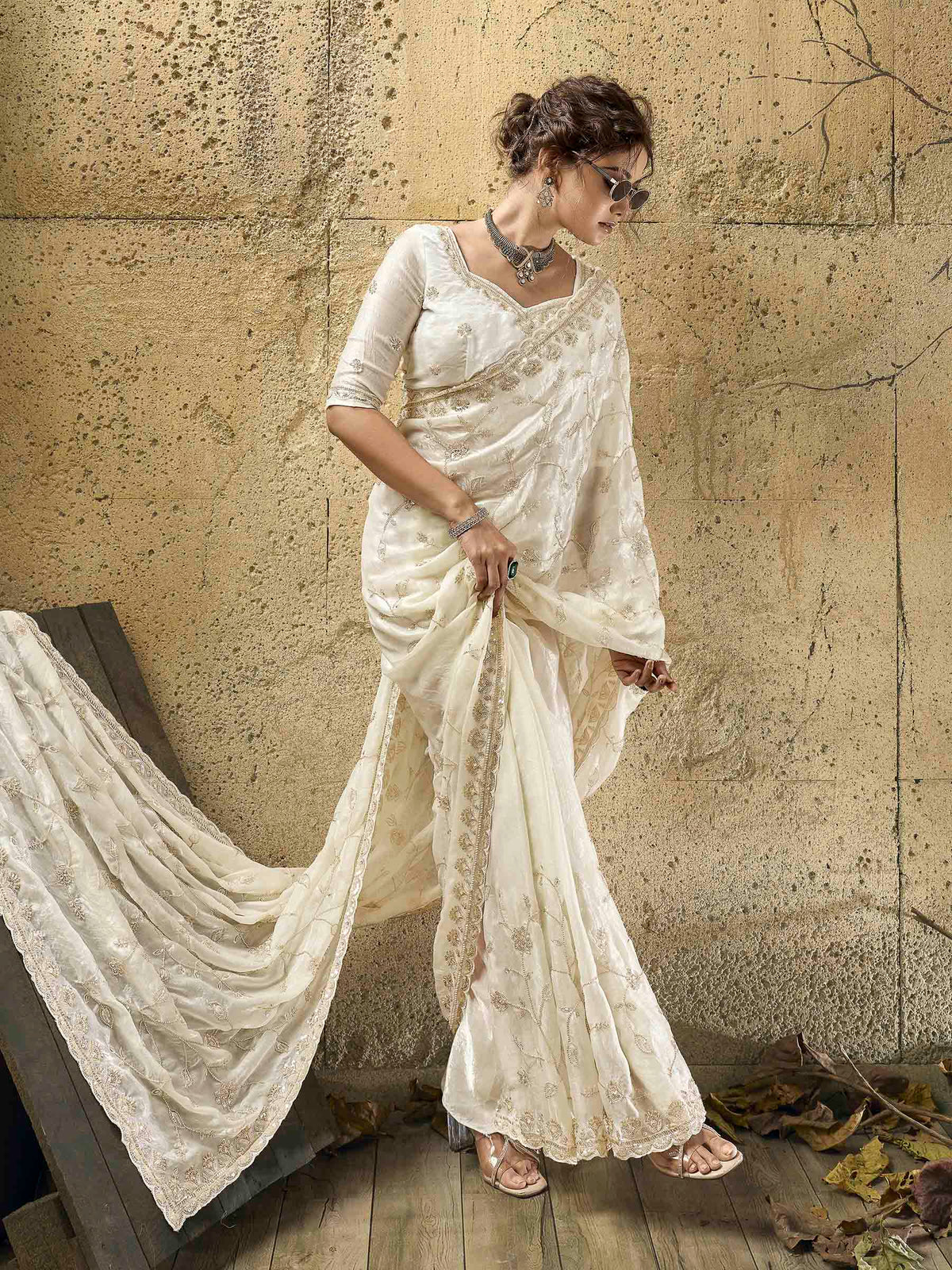 Off-White Satin Embroidered Saree