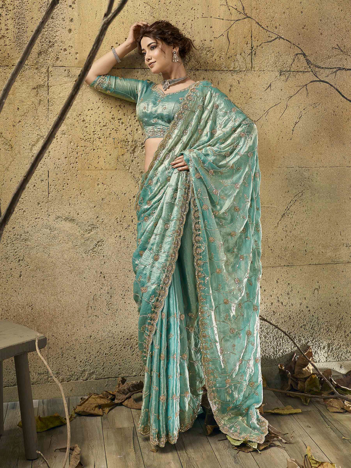 Sea-Green Satin Embroidered Saree