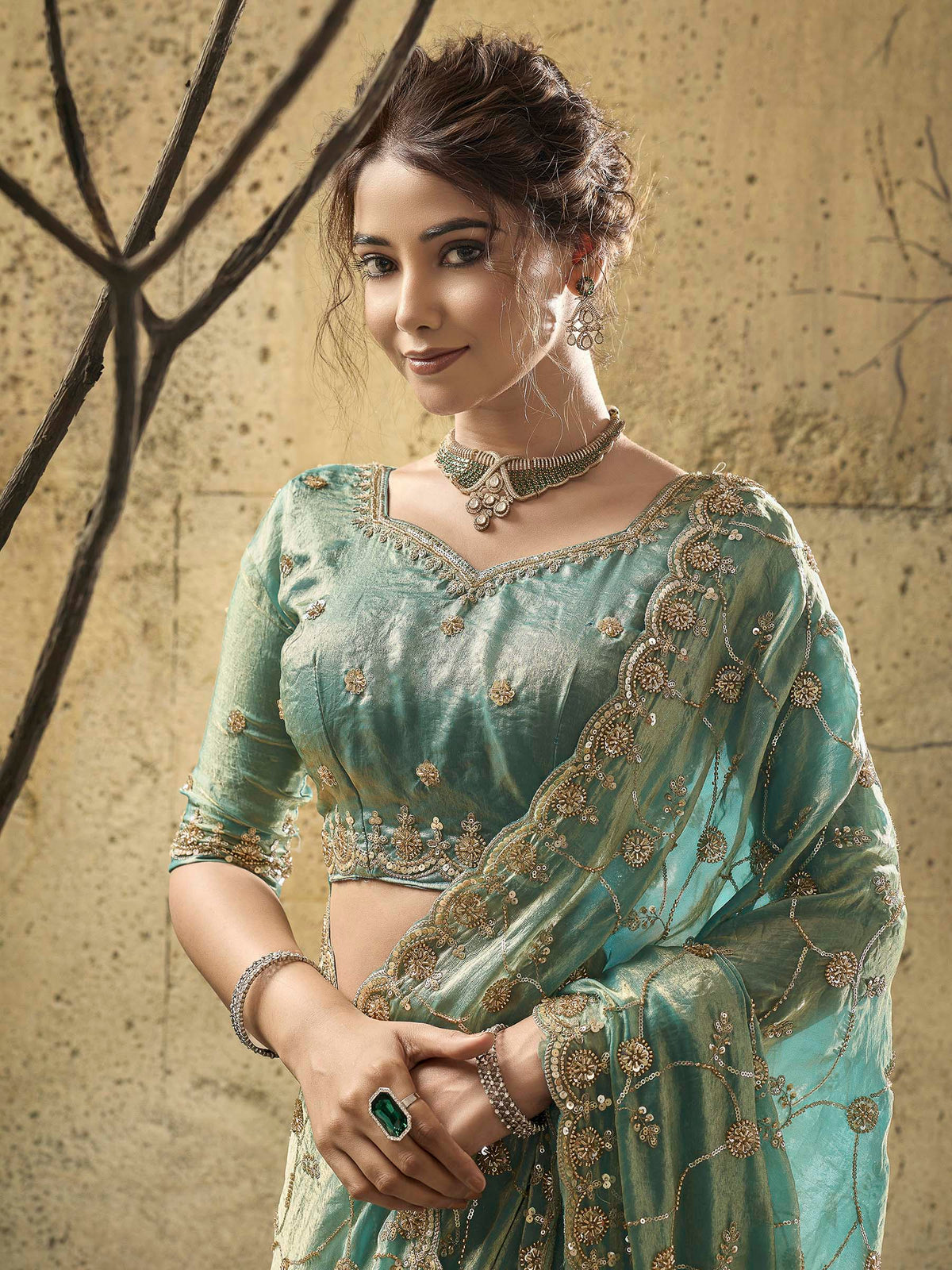 Sea-Green Satin Embroidered Saree