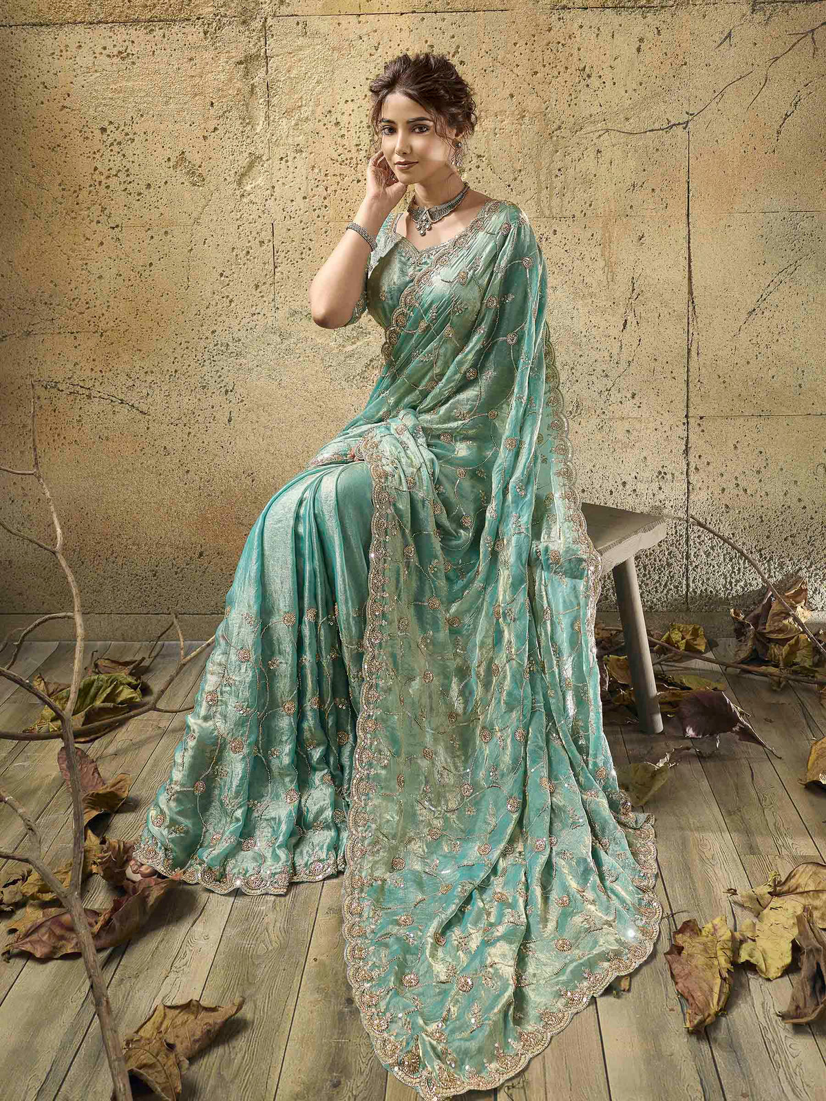 Sea-Green Satin Embroidered Saree