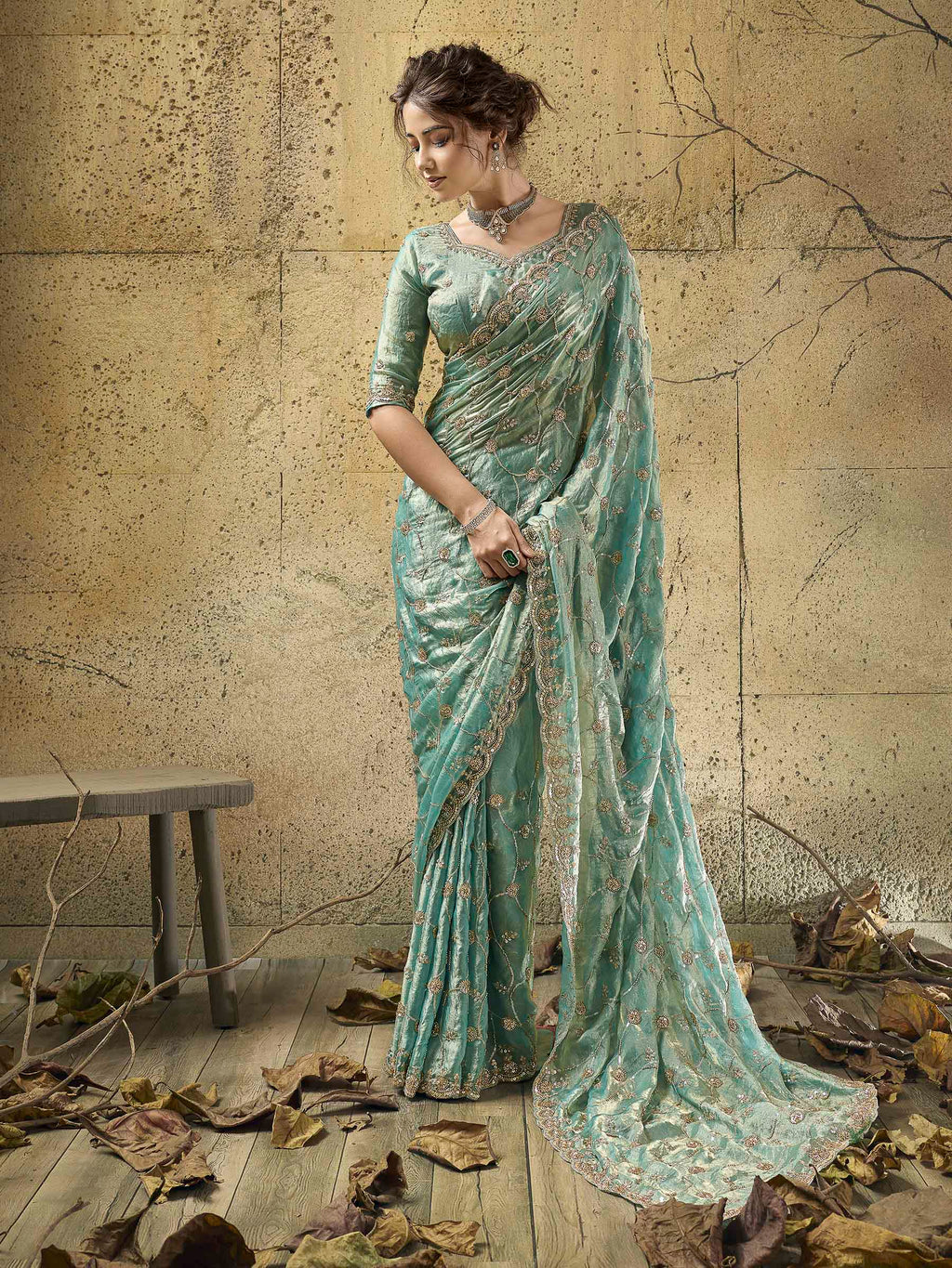 Sea-Green Satin Embroidered Saree
