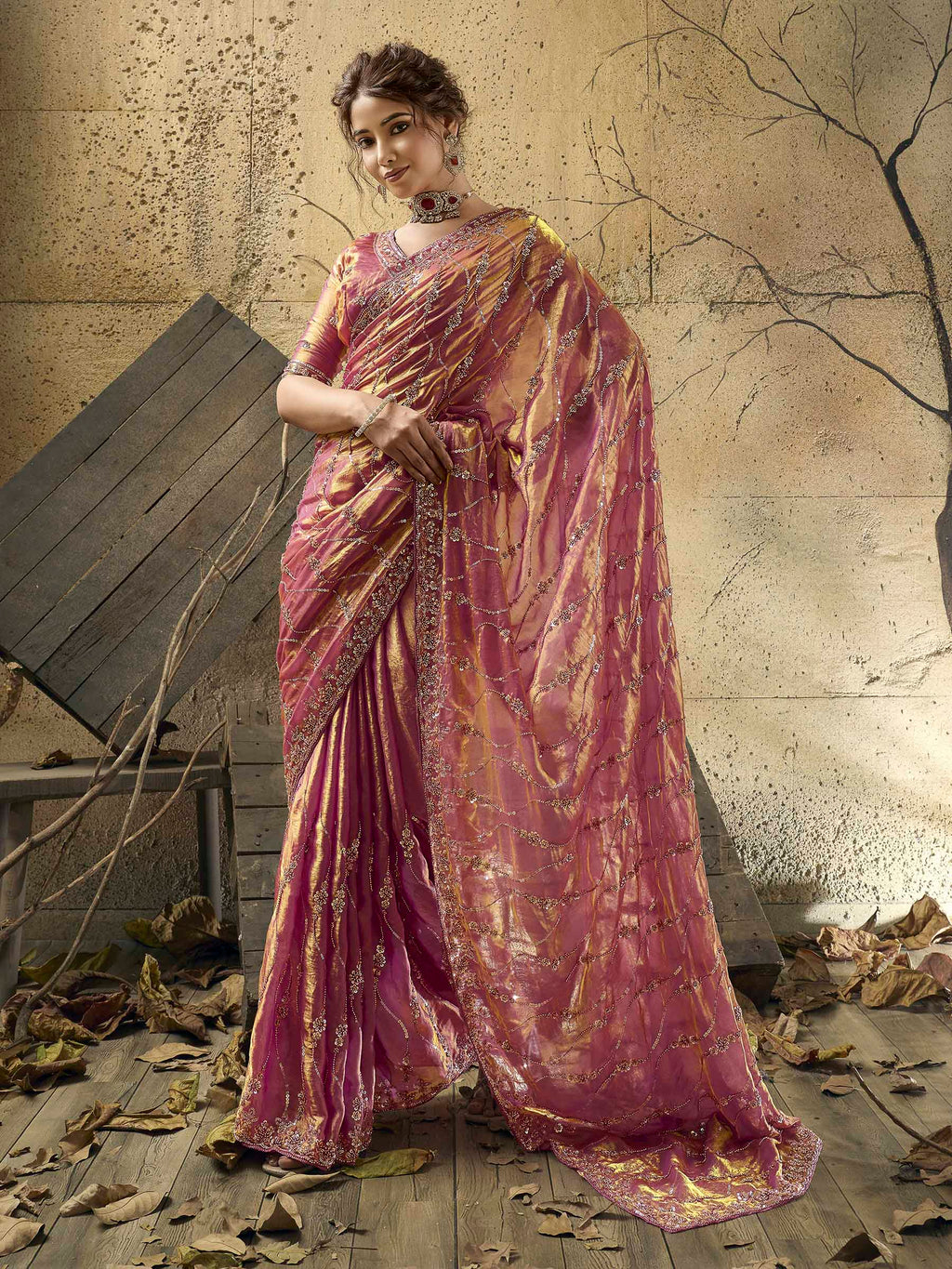 Pink Satin Embroidered Saree