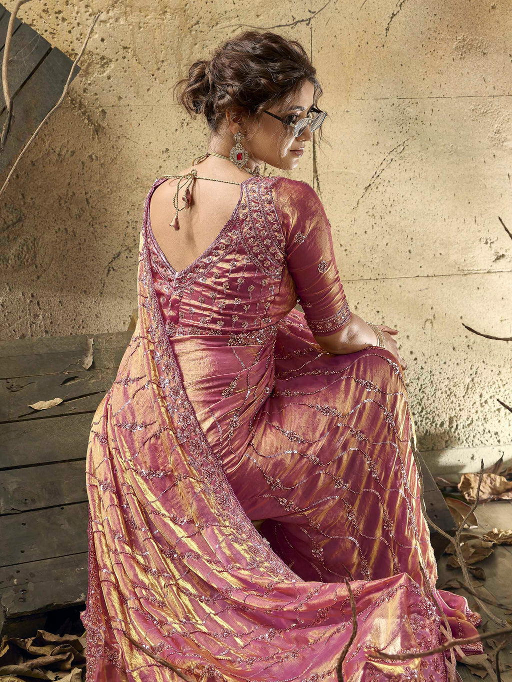 Pink Satin Embroidered Saree