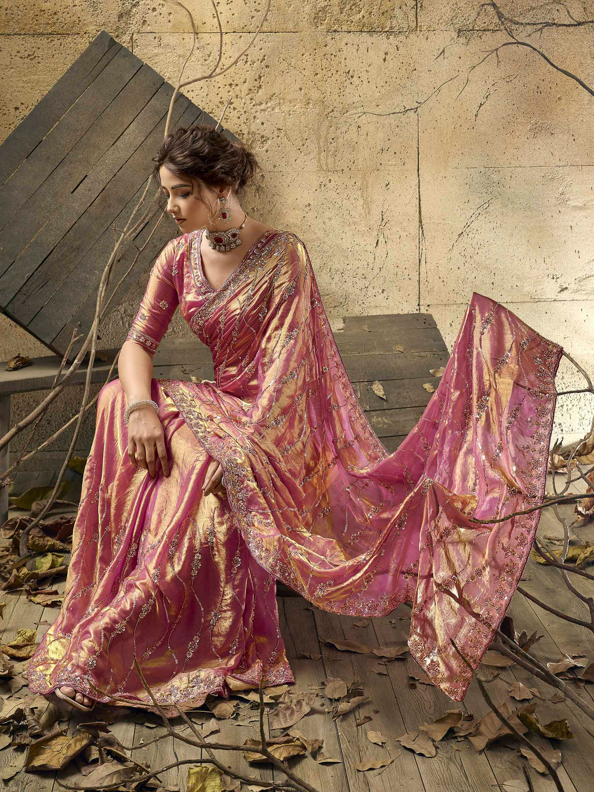 Pink Satin Embroidered Saree