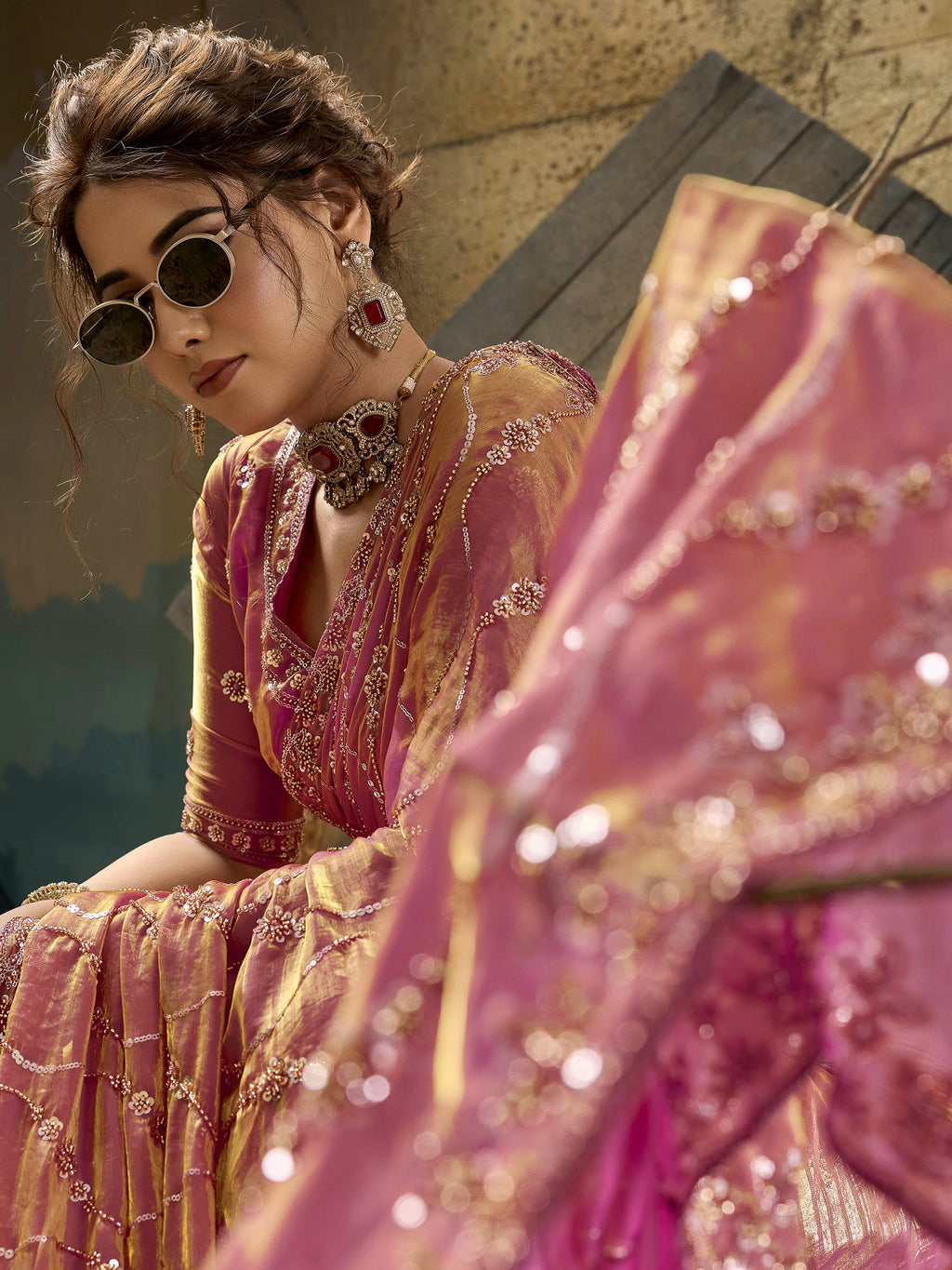 Pink Satin Embroidered Saree