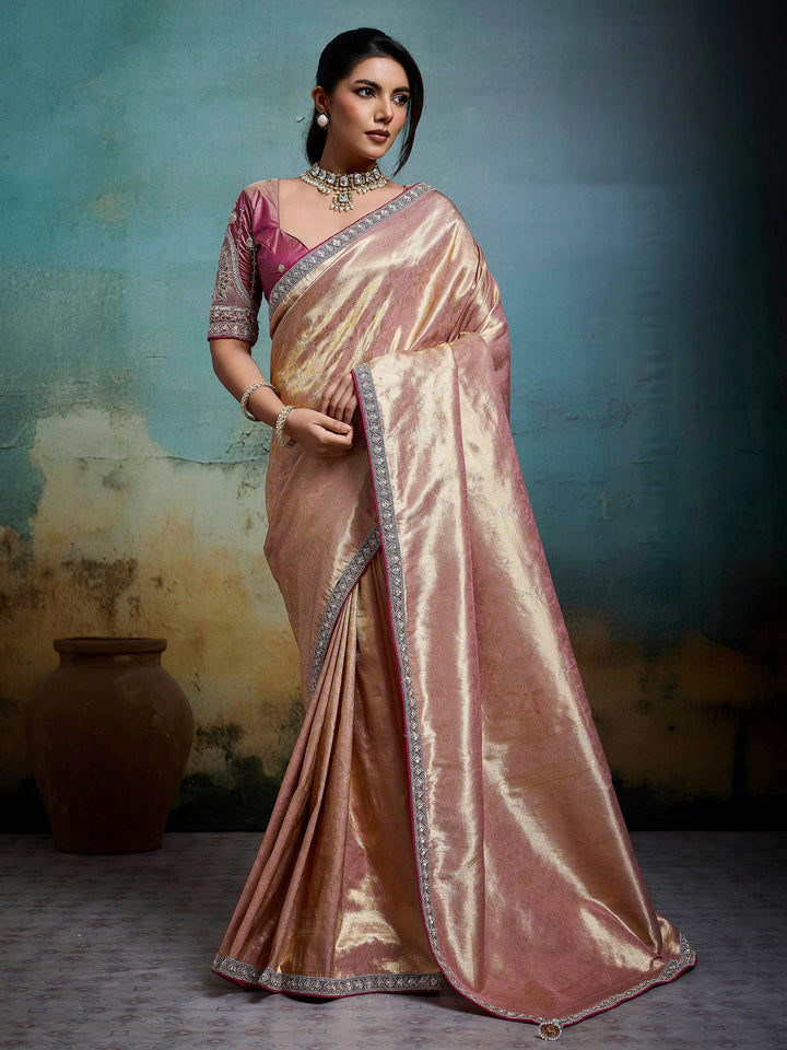 Peach Embroidered Tissue Banarasi Jacquard Saree