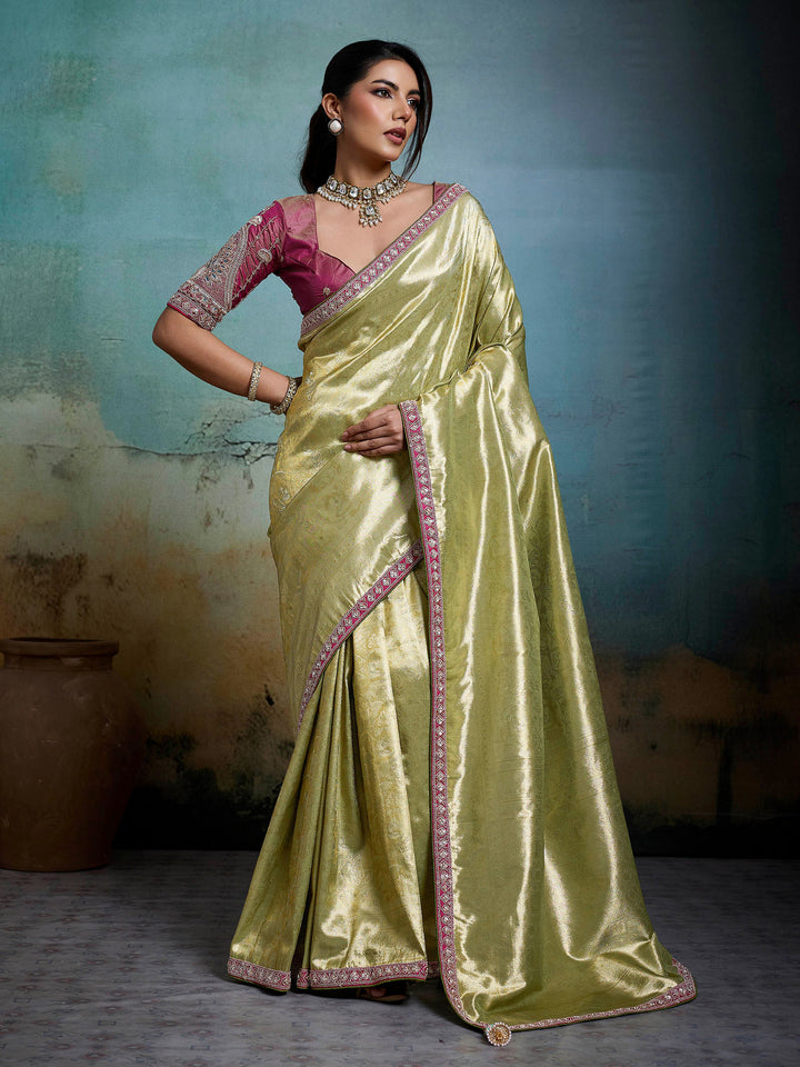 Pista Green Embroidered Tissue Banarasi Jacquard Saree