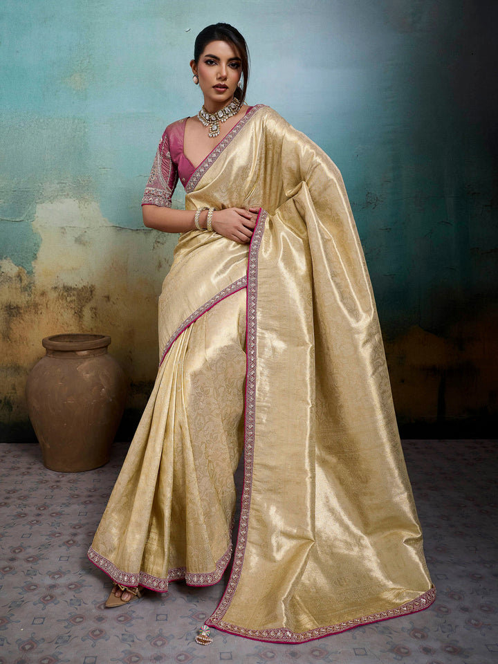 Beige Embroidered Tissue Banarasi Jacquard Saree