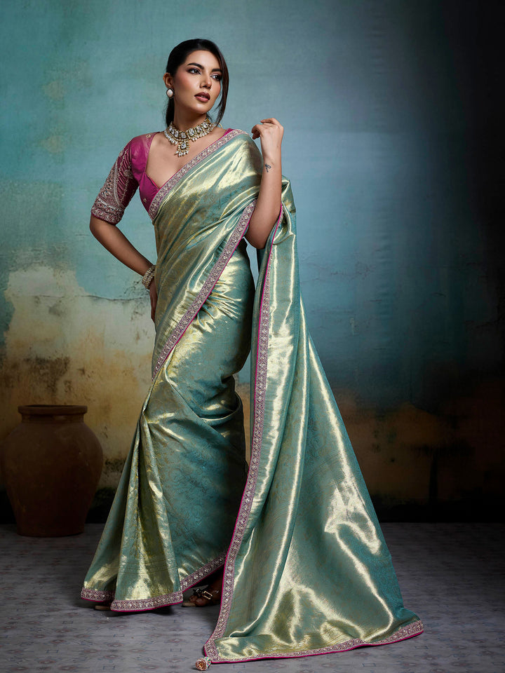 Grey Blue Embroidered Tissue Banarasi Jacquard Saree