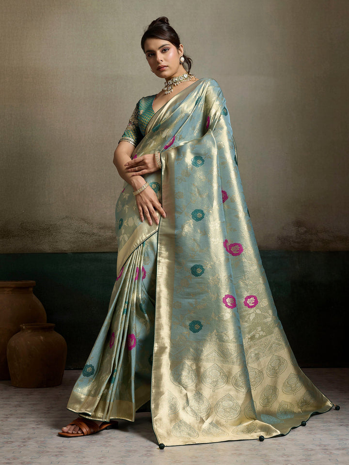Grey Blue Woven Design Tissue Banarasi Jacquard Saree