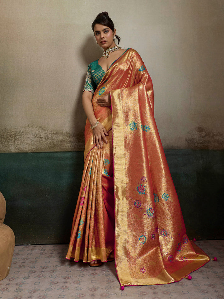 Peach Woven Design Tissue Banarasi Jacquard Saree