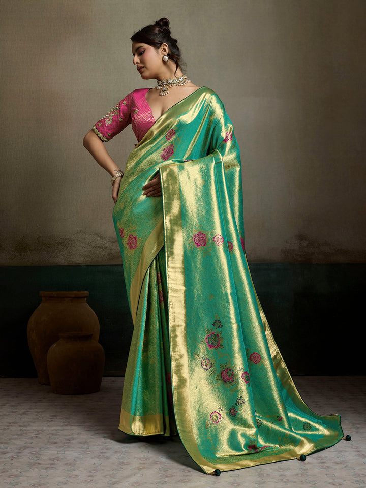 Rama Green Woven Design Tissue Banarasi Jacquard Saree
