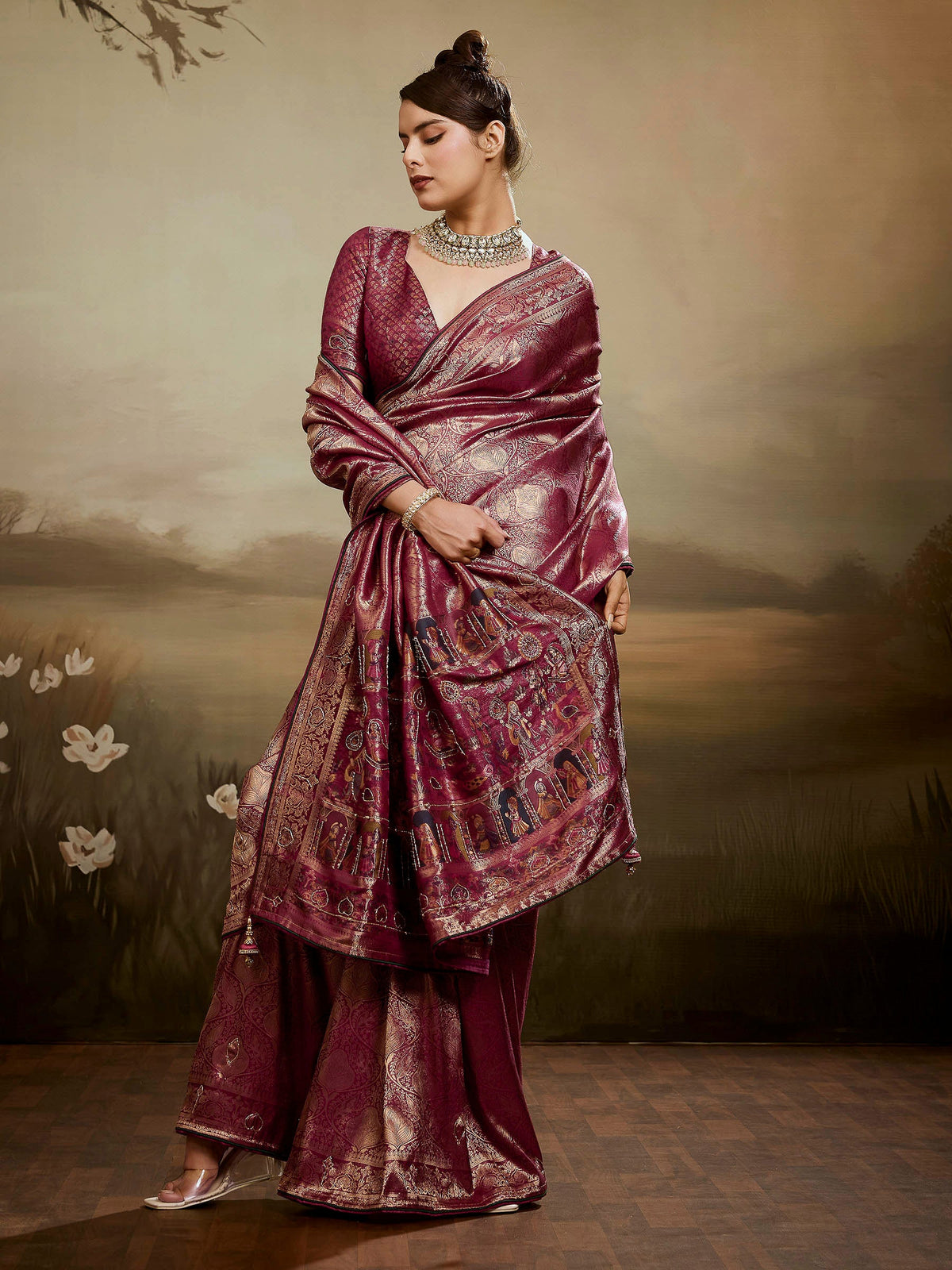 Wine Kanjivaram Silk Embroidered Handloom Saree