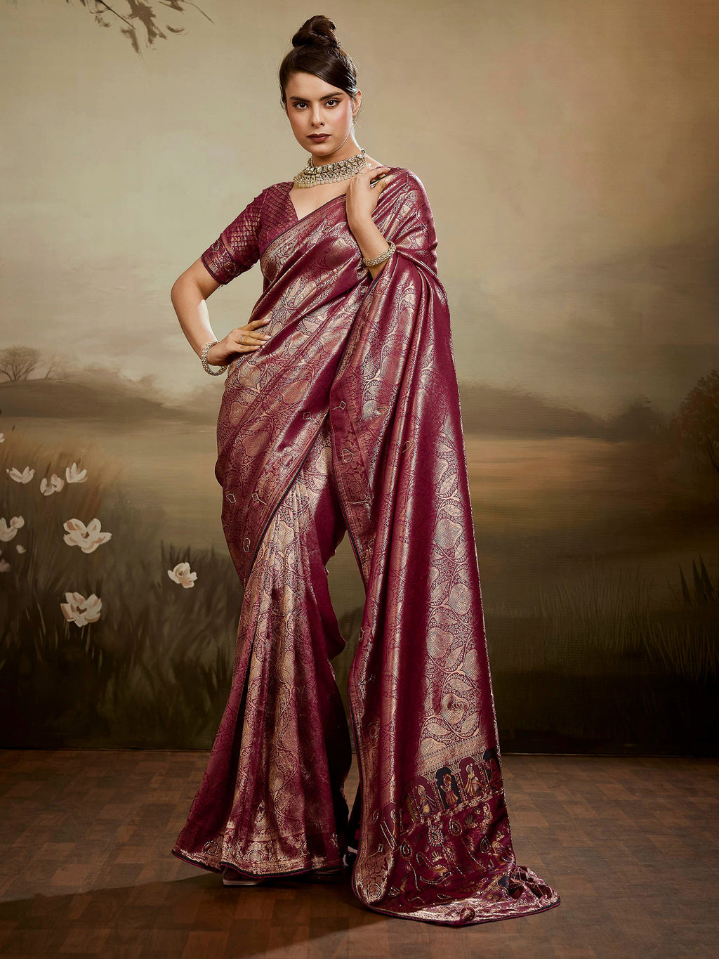 Wine Kanjivaram Silk Embroidered Handloom Saree