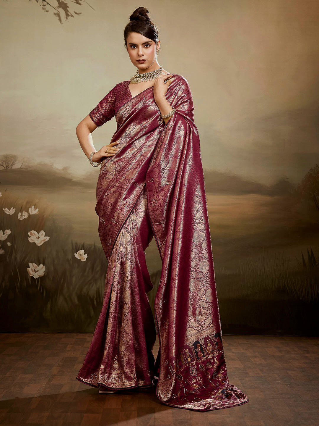 Wine Kanjivaram Silk Embroidered Handloom Saree