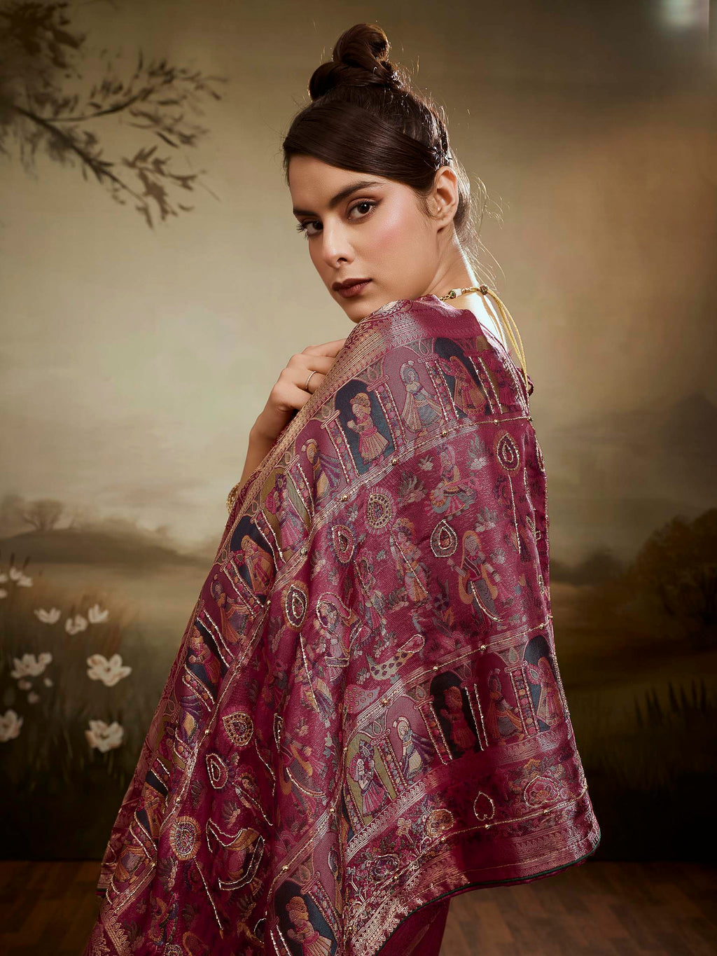 Wine Kanjivaram Silk Embroidered Handloom Saree