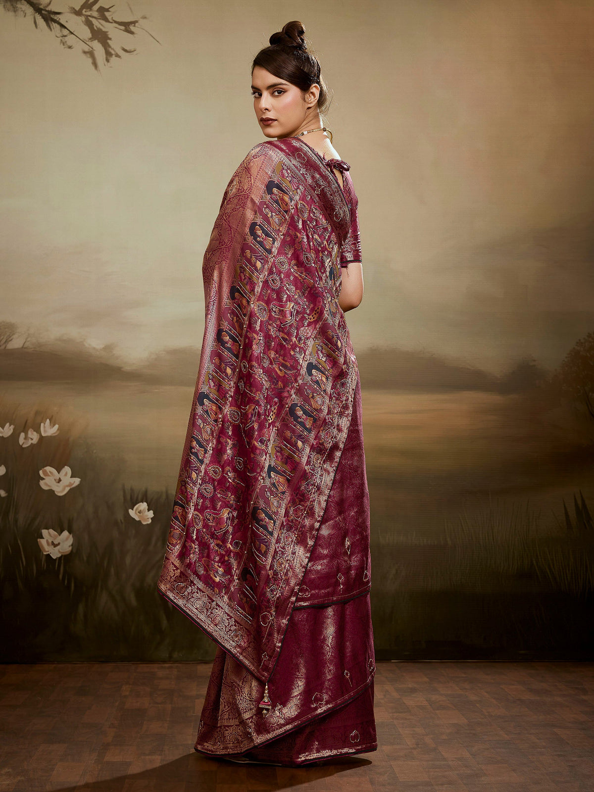 Wine Kanjivaram Silk Embroidered Handloom Saree