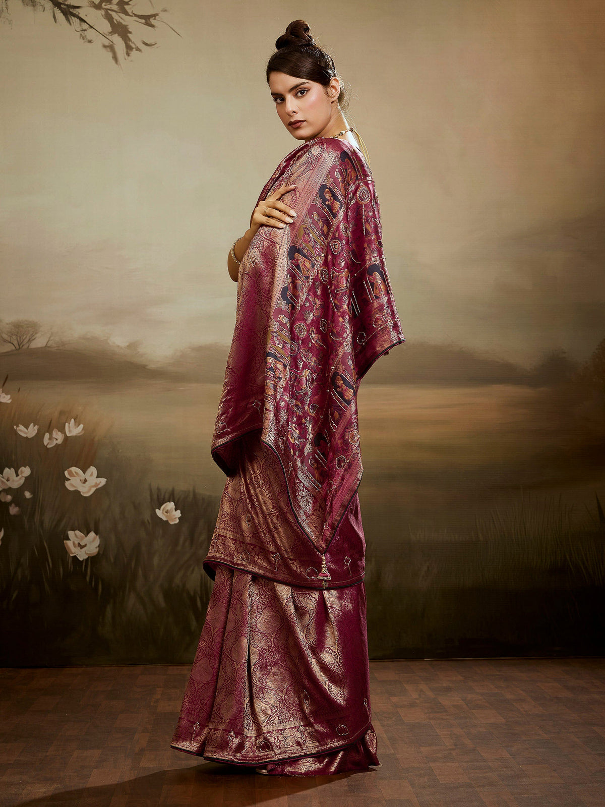 Wine Kanjivaram Silk Embroidered Handloom Saree