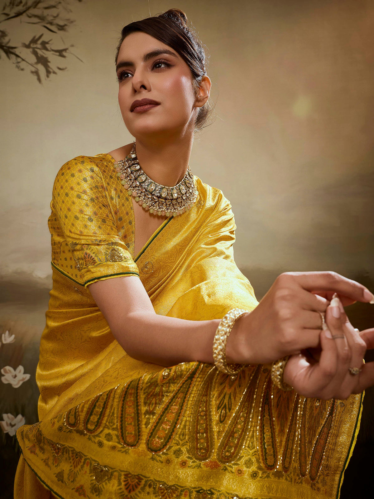 Mustard Kanjivaram Silk Embroidered Handloom Saree