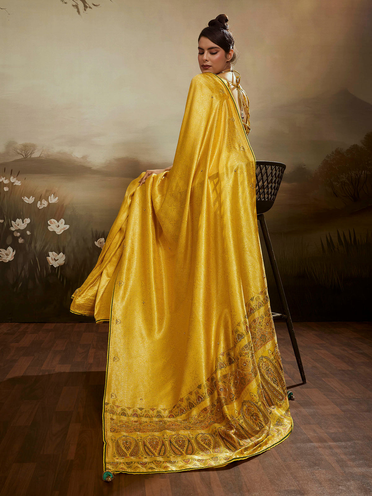 Mustard Kanjivaram Silk Embroidered Handloom Saree
