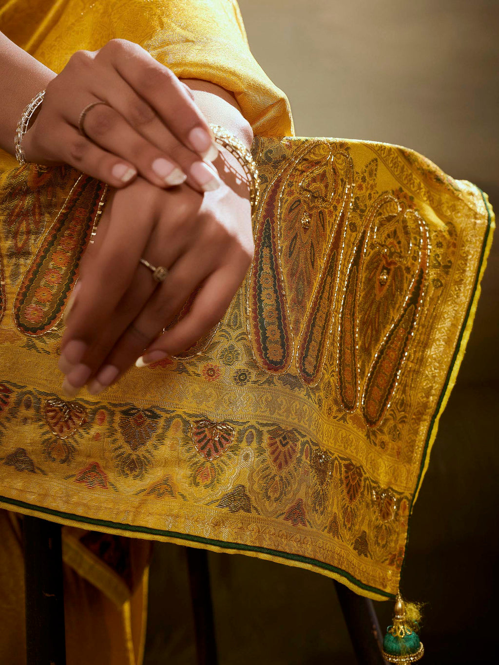 Mustard Kanjivaram Silk Embroidered Handloom Saree